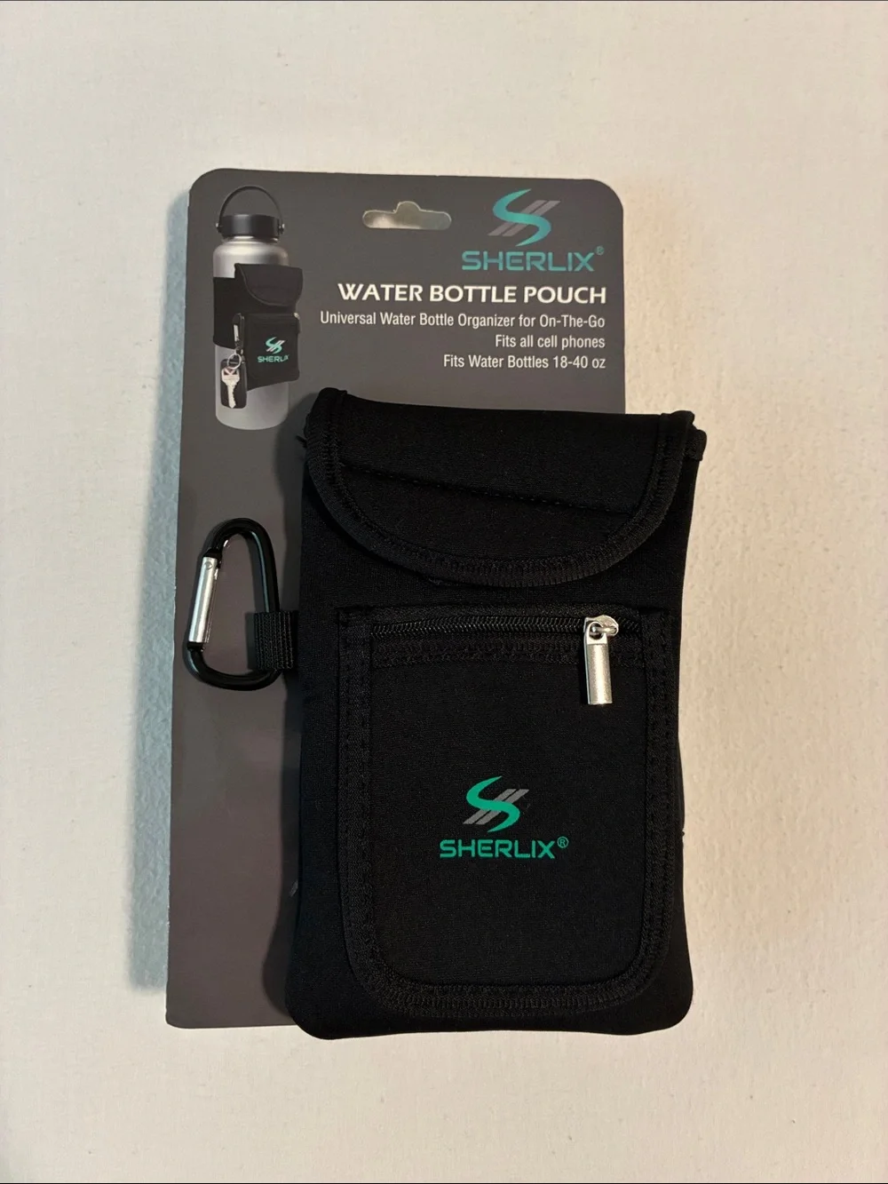 Black Water Bottle Pouch with Phone Pocket